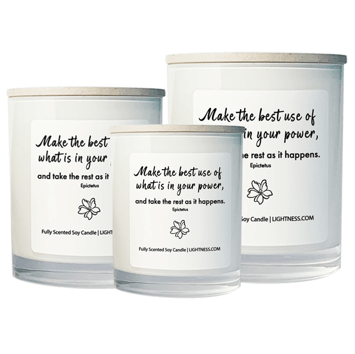 3 Candles in white glass jars - XL, large, medium with motivational quote - Make the best use of what is in your power, and take the rest as it happens.