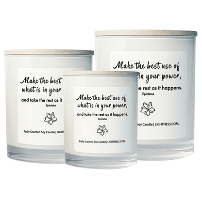 3 Candles in white glass jars - XL, large, medium with motivational quote - Make the best use of what is in your power, and take the rest as it happens.