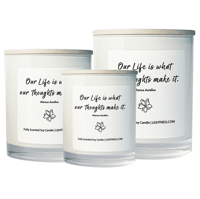 3 Candles in white glass jars - XL, large, medium with motivational quote - Our life is what our thoughts make it.