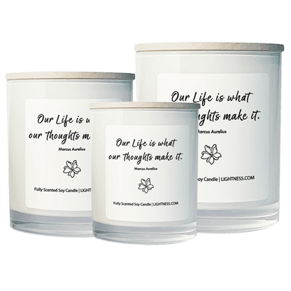 3 Candles in white glass jars - XL, large, medium with motivational quote - Our life is what our thoughts make it.