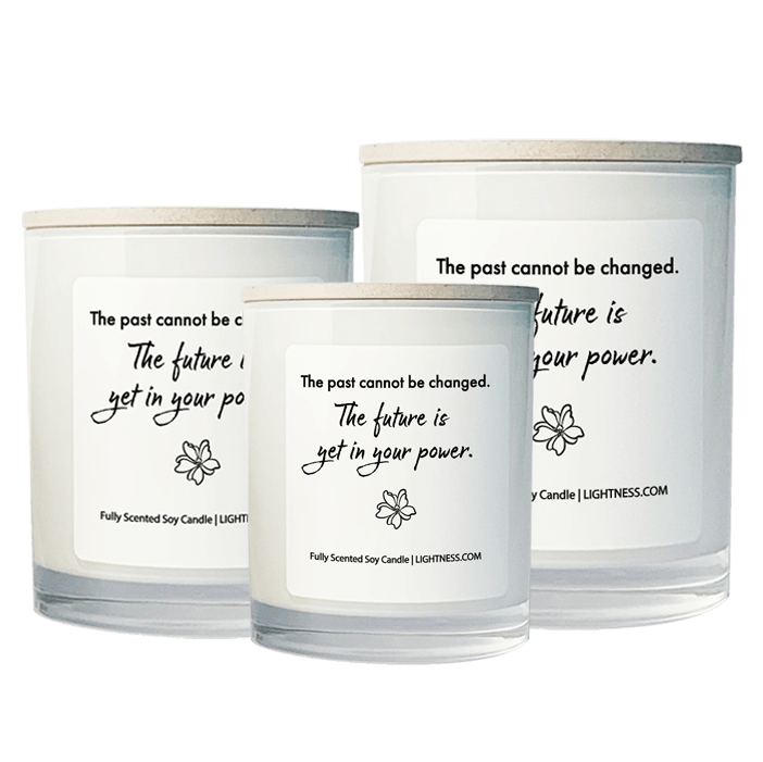 3 Candles in white glass jars - XL, large, medium with motivational quote - The past cannot be changed. The future is yet in your power.