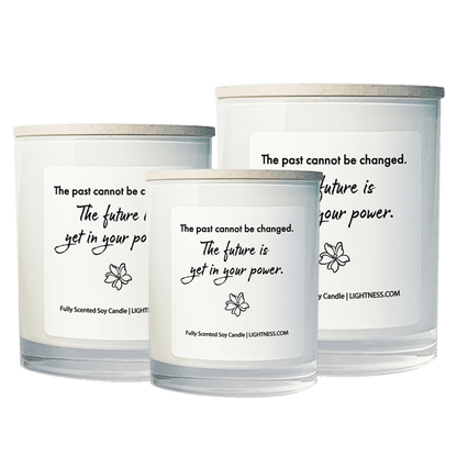 3 Candles in white glass jars - XL, large, medium with motivational quote - The past cannot be changed. The future is yet in your power.