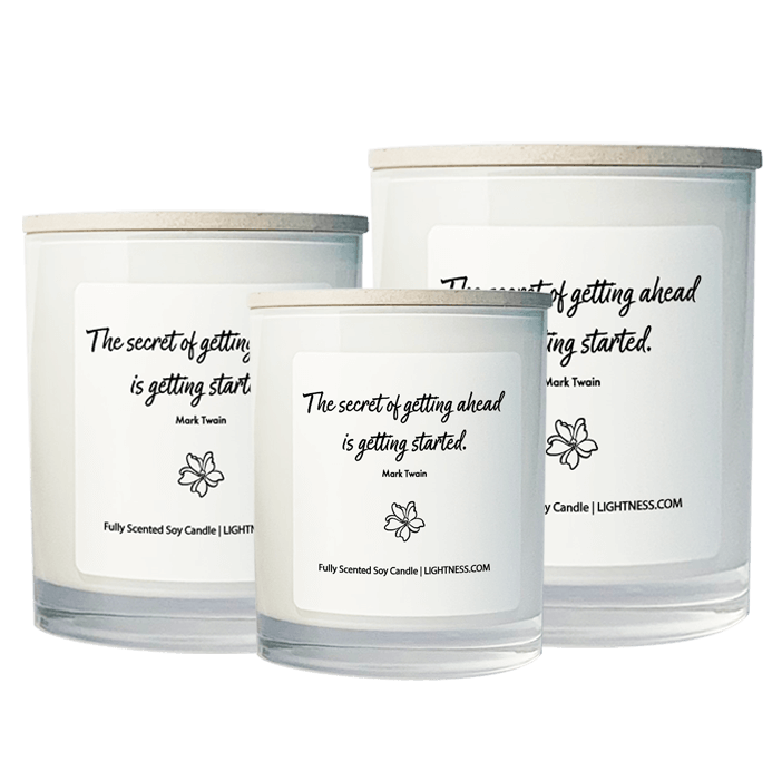 3 Candles in white glass jars - XL, large, medium with motivational quote - The secret of getting ahead is getting started.