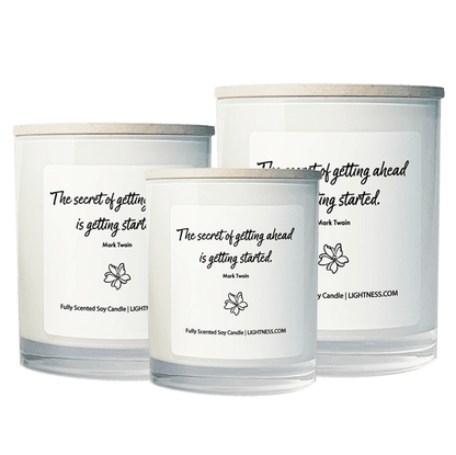 3 Candles in white glass jars - XL, large, medium with motivational quote - The secret of getting ahead is getting started.