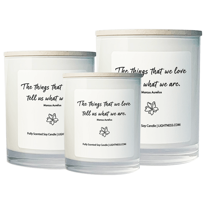 3 Candles in white glass jars - XL, large, medium with motivational quote - The things that we love tell us what we are.