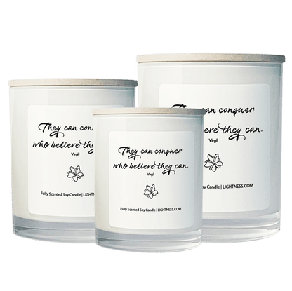 3 Candles in white glass jars - XL, large, medium with motivational quote - They can conquer who believe they can.