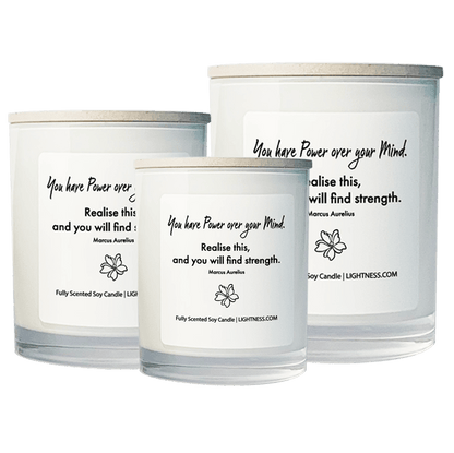 3 Candles in white glass jars - XL, large, medium with motivational quote - You have power over your mind. Realise this, and you will find strength.