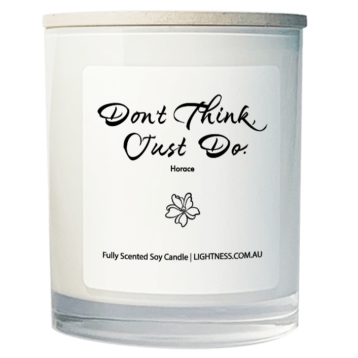 Candle in white glass jar with motivational quote - Don't think, just do.