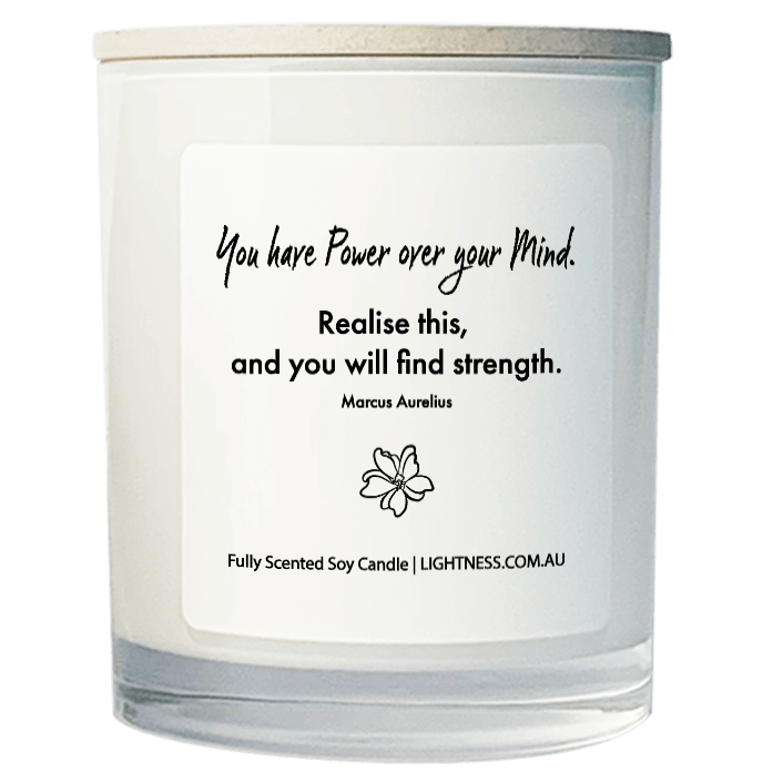 Candle in white glass jar with motivational quote - You have power over your mind. Realise this, and you will find strength.