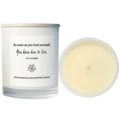 Candle from front and top view with motivational quote - As soon as you trust yourself, you know how to live.