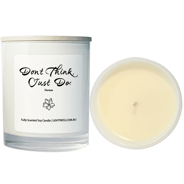 Candle from front and top view with motivational quote - Don't think, just do.