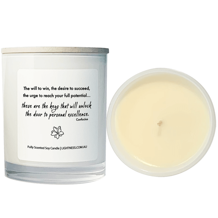 Candle from front and top view with motivational quote - The will to win, the desire to succeed, the urge to reach your full potential... these are the keys that will unlock the door to personal excellence.