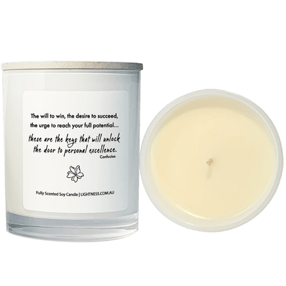 Candle from front and top view with motivational quote - The will to win, the desire to succeed, the urge to reach your full potential... these are the keys that will unlock the door to personal excellence.