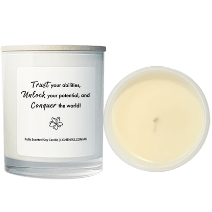 Candle from front and top view with motivational quote - Trust your abilities, unlock your potential, and conquer the world!