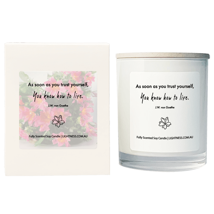 Candle in white glass jar with White Gift Box - As soon as you trust yourself, you know how to live.