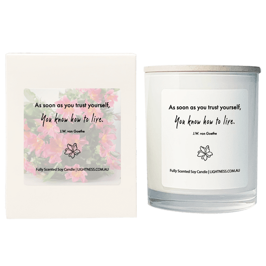 Candle in white glass jar with White Gift Box - As soon as you trust yourself, you know how to live.