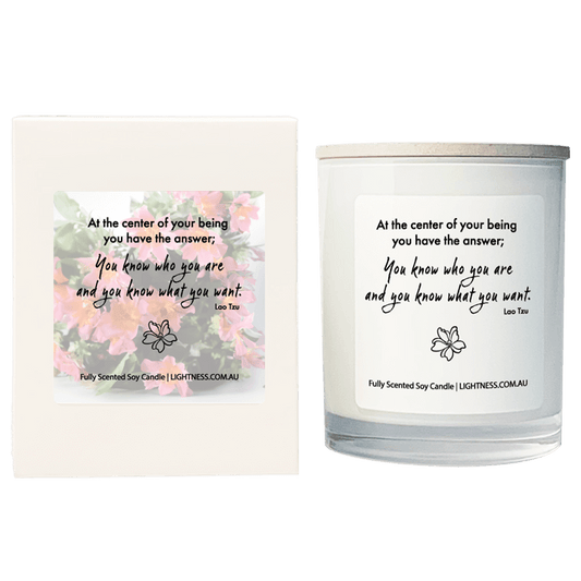 Candle in white glass jar with White Gift Box - At the center of your being you have the answer; you know who you are and you know what you want.