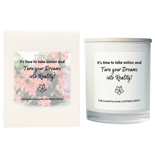 Candle in white glass jar with White Gift Box - t's time to take action and turn your dreams into reality!