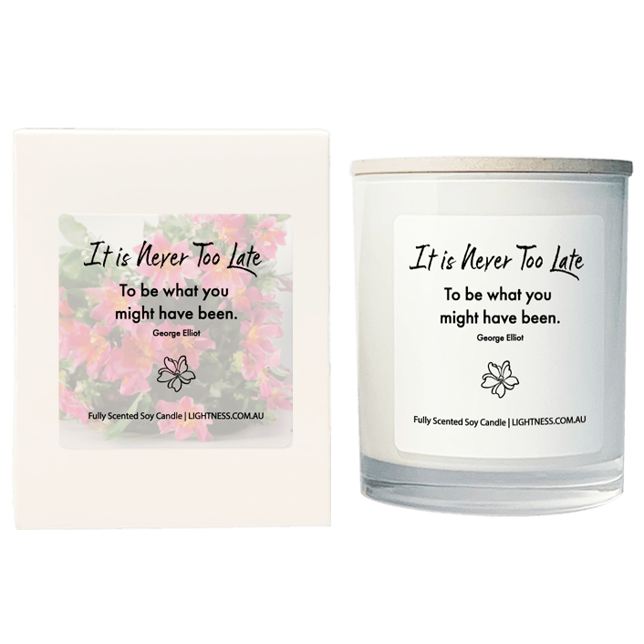 Candle in white glass jar with White Gift Box - It is never too late to be what you might have been.