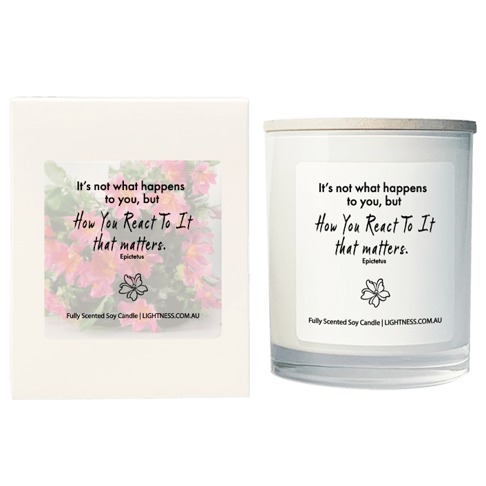 Candle in white glass jar with White Gift Box - It's not what happens to you, but how you react to it that matters.