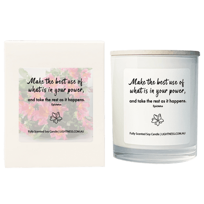 Candle in white glass jar with White Gift Box - Make the best use of what is in your power, and take the rest as it happens.