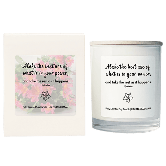 Candle in white glass jar with White Gift Box - Make the best use of what is in your power, and take the rest as it happens.