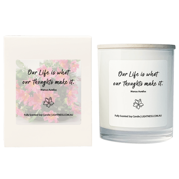 Candle in white glass jar with White Gift Box - Our life is what our thoughts make it.