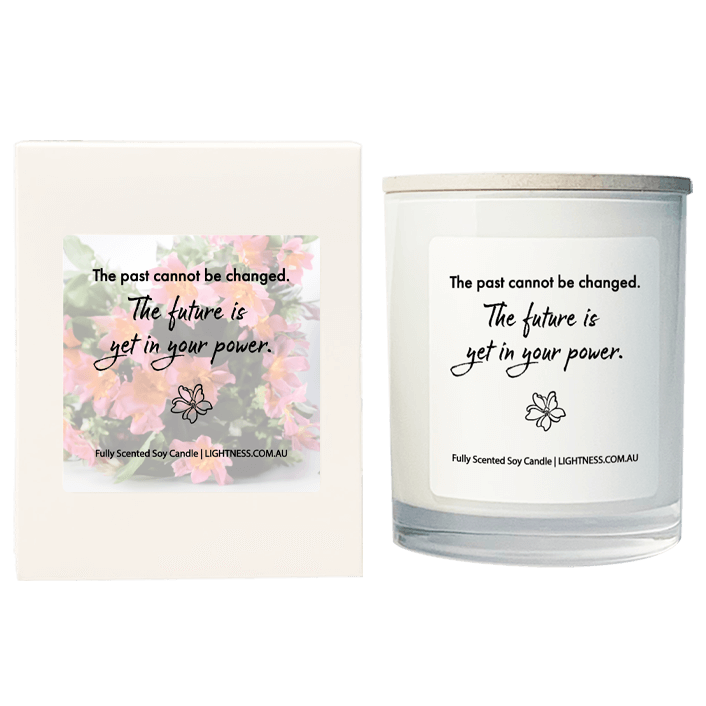 Candle in white glass jar with White Gift Box - The past cannot be changed. The future is yet in your power.