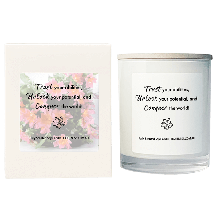 Candle in white glass jar with White Gift Box - Trust your abilities, unlock your potential, and conquer the world!